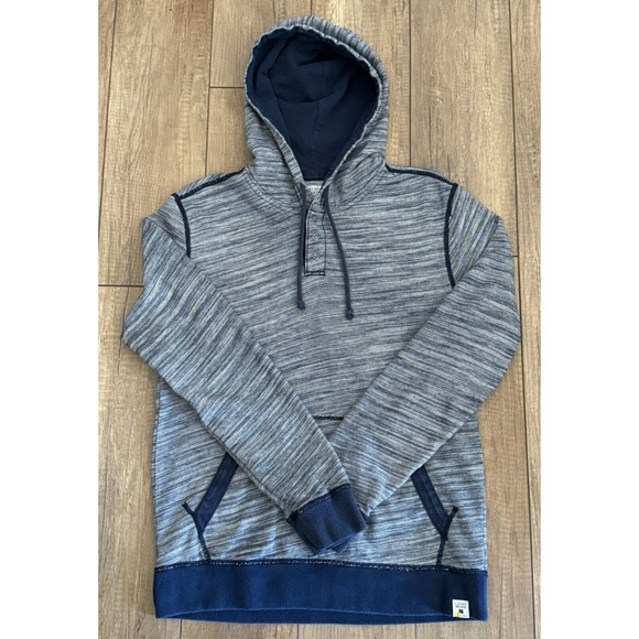 Lucky Brand ATHLETICS Navy Blue & White Striped 1/4 Snap Hooded Sweatshirt Sz‎ S - Picture 2 of 13